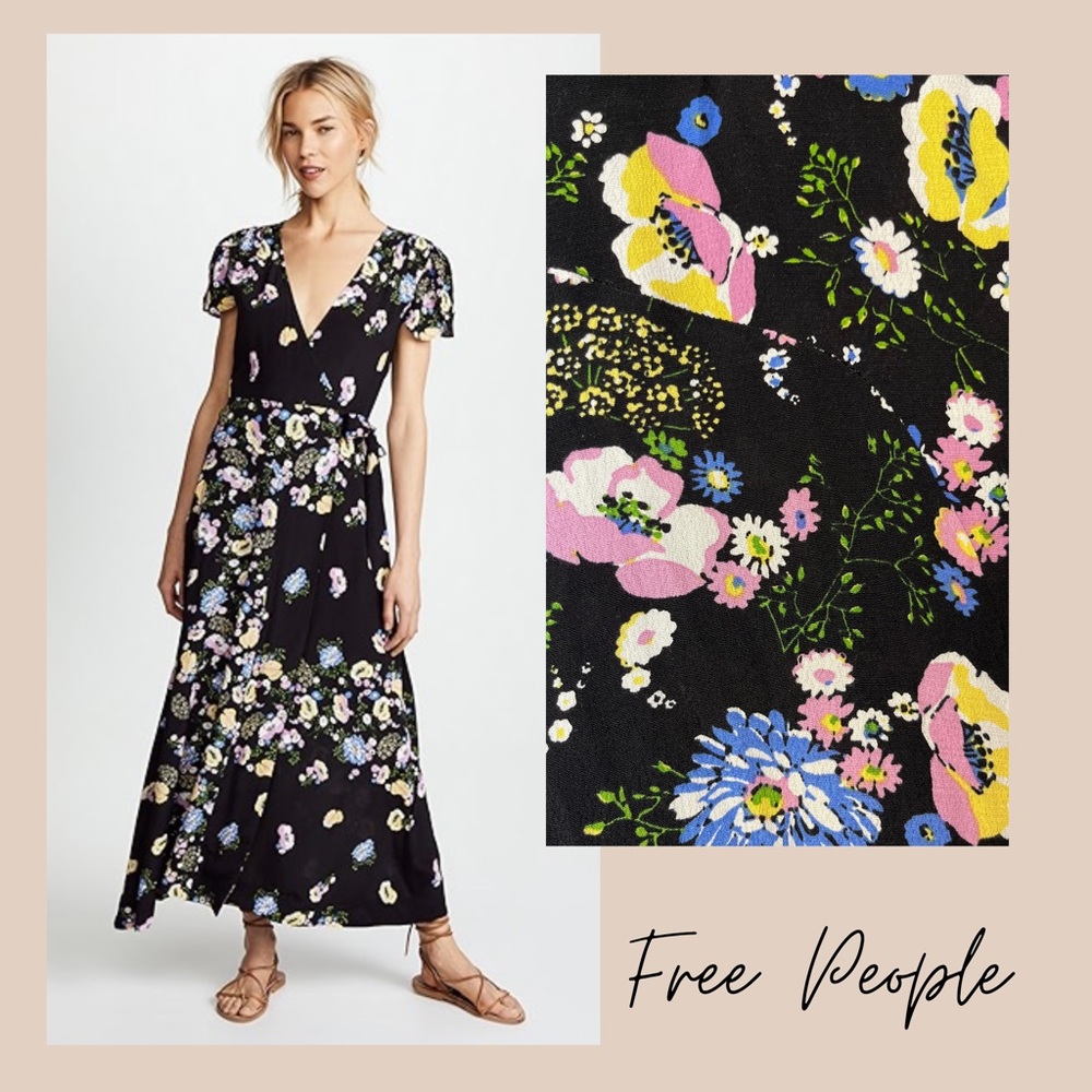 NWT Free People Jess Floral Wrap Dress w Flutter Sleeves – Black, Size S